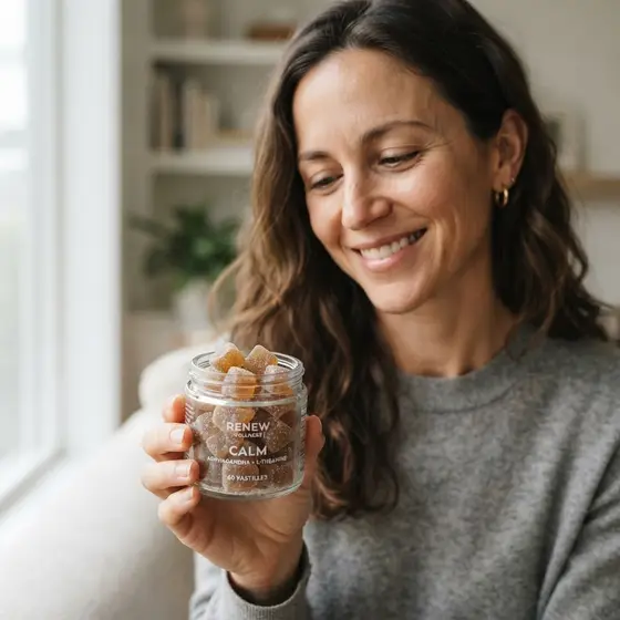 Mulher segurando gummy de cannabis medicinal